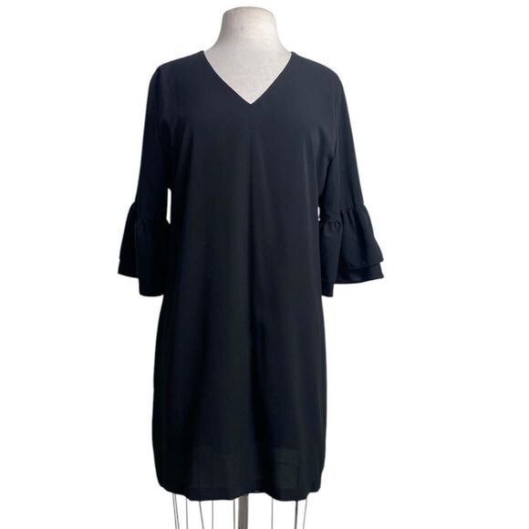 Black V-Neck Dress with Ruffle Sleeves short solid black - Picture 1 of 9